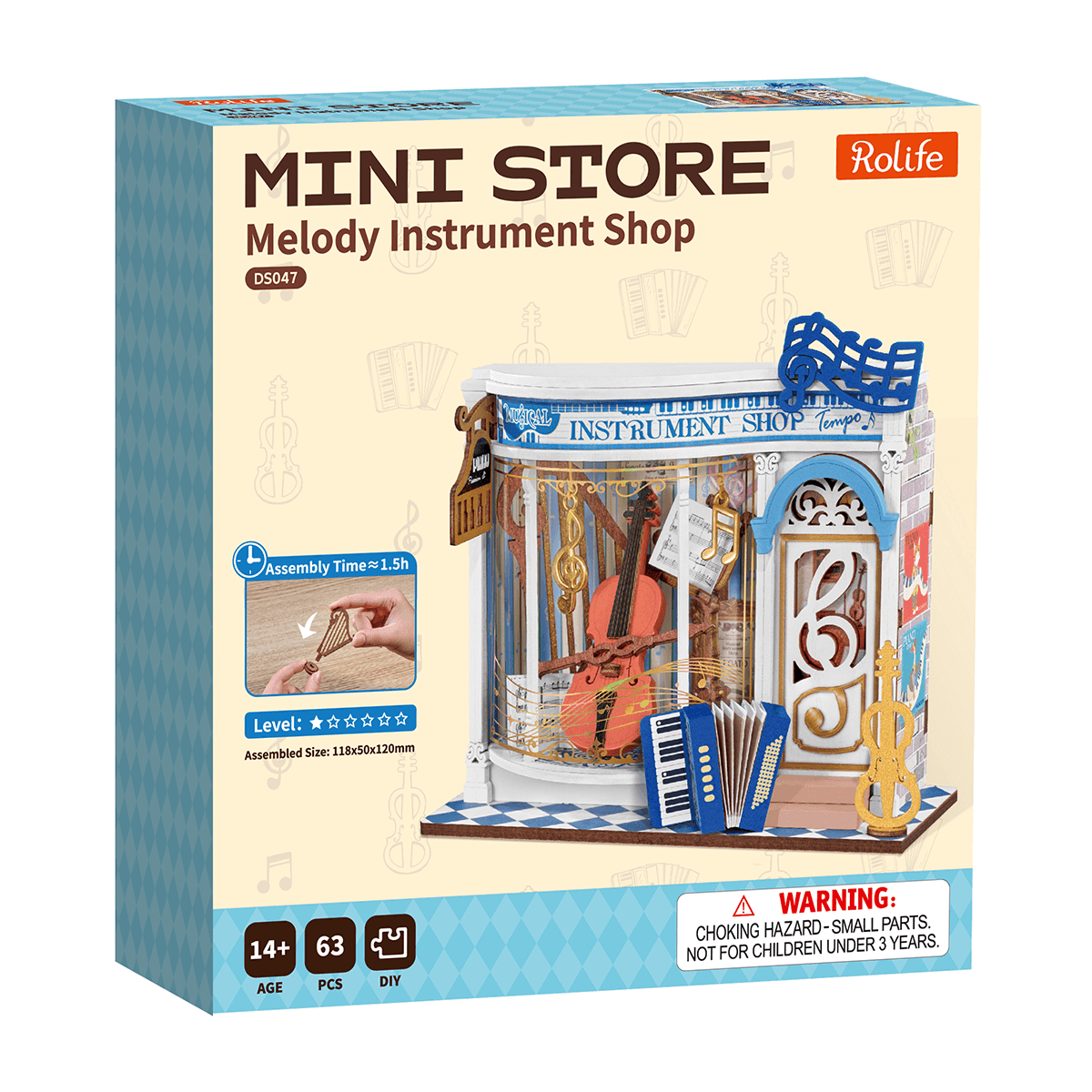 Rolife Melody Instrument Shop Miniature House DS047 DIY miniature house kit, close-up of interior components and accessories