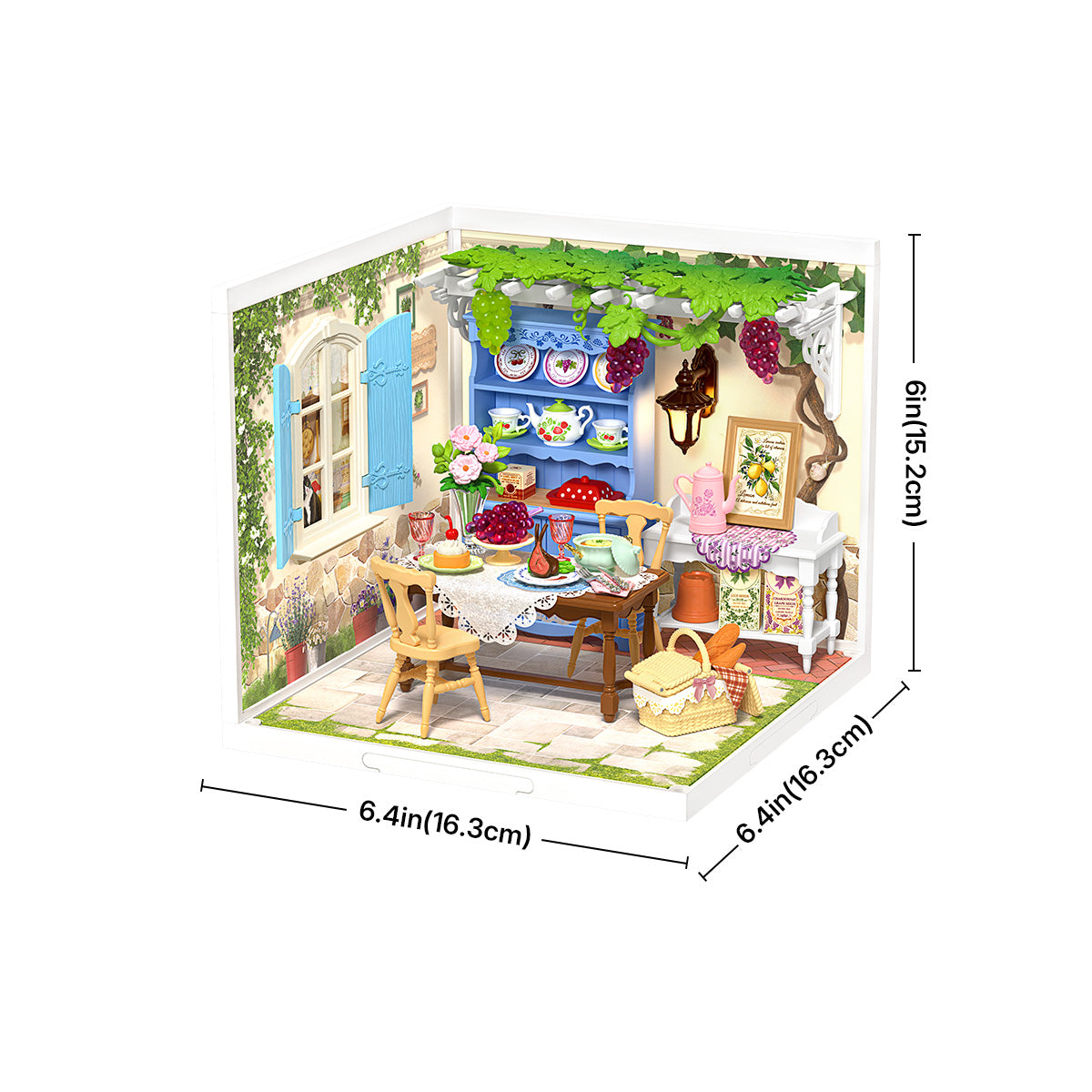 Rolife Midsummer Dream Yard DW025 with white dimension annotations showing 6.4 by 6.4 by 6 inch size on a white background