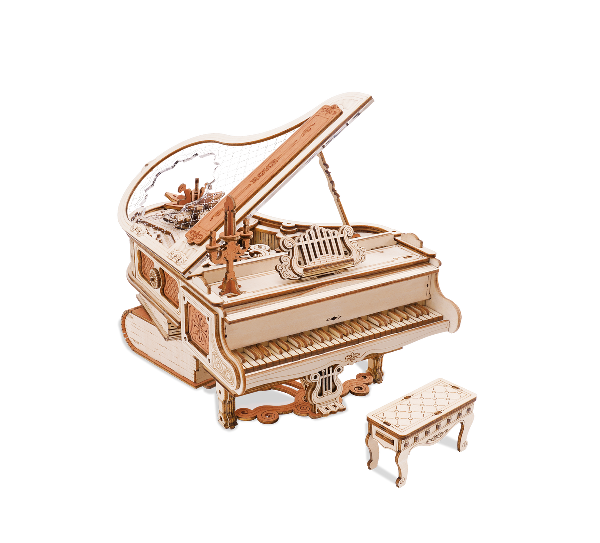 ROKR wooden grand piano music box model with open lid and matching bench on white background