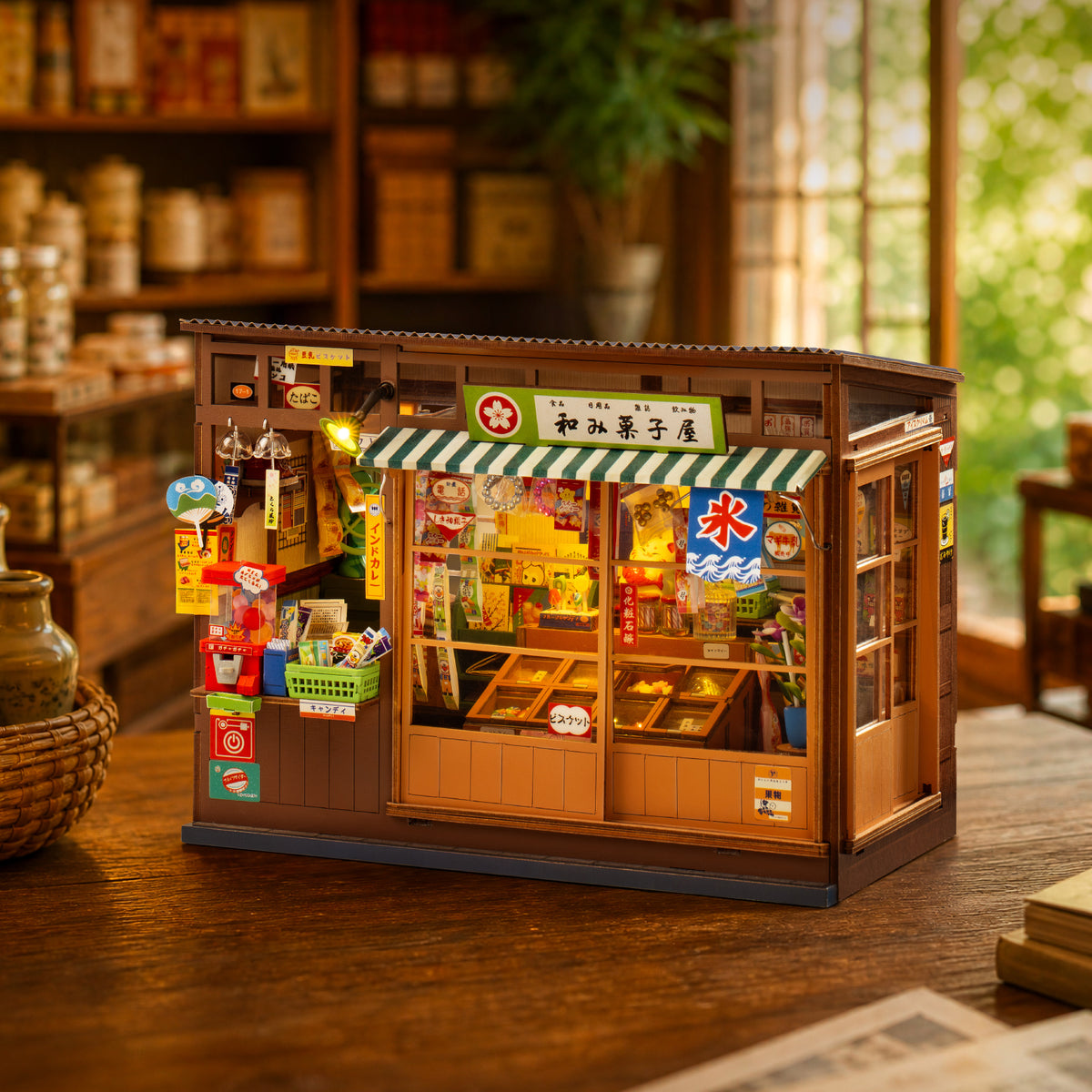 Rolife Nostalgic Corner Shop DIY Book Nook TGE05 exposé dans un décor de boutique japonaise chaleureuse de l'ère Showa