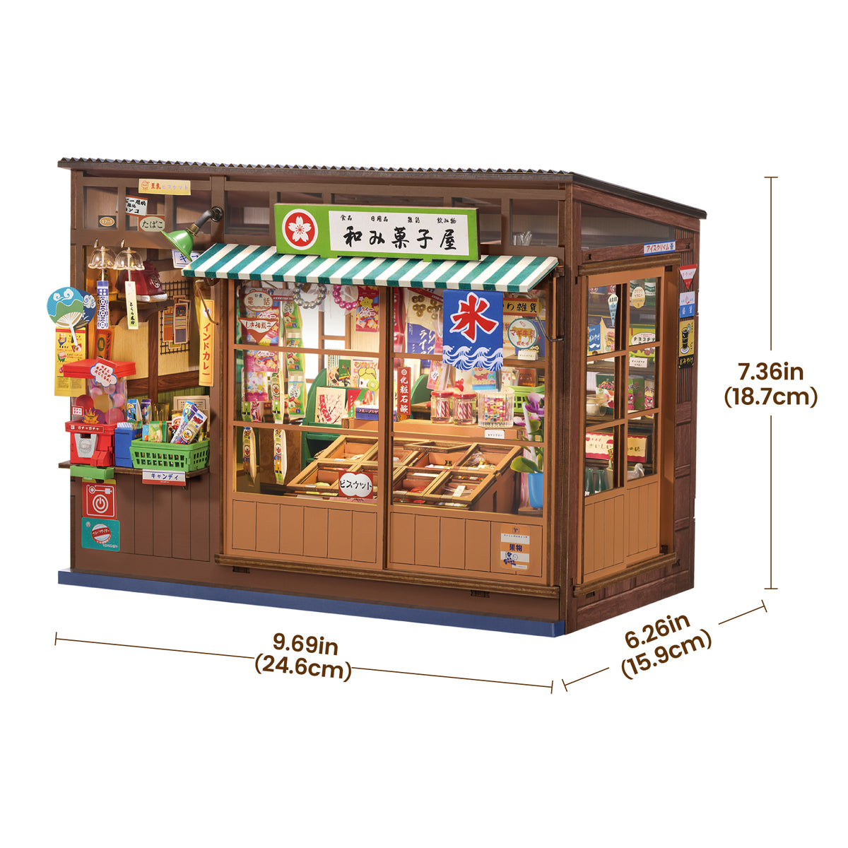 Nostalgic Corner Shop dimension diagram labeling its height, width and depth
