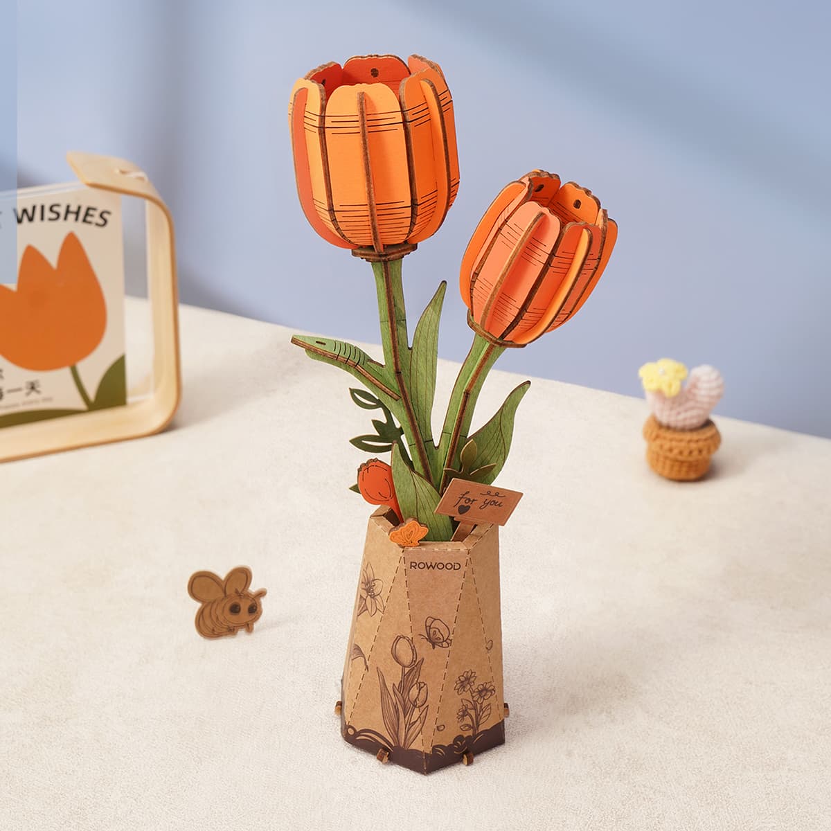 Rowood Wooden Flower Bouquet TW01H 3D wooden puzzle, back view highlighting structural detail