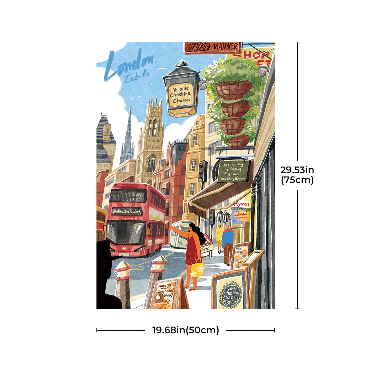 Rolife Walk in London PT003 puzzle dimension card showing completed artwork 19.68in wide and 29.53in tall with London label