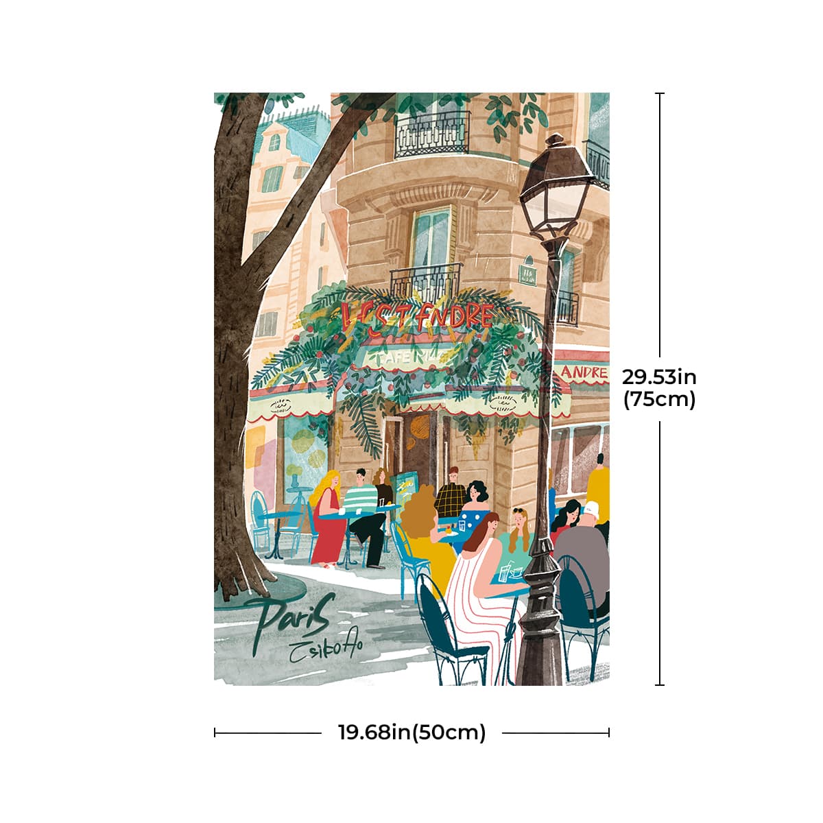 Rolife Leisure in Paris PT004 dimension chart showing completed puzzle size 19.68in wide by 29.53in tall with Paris label