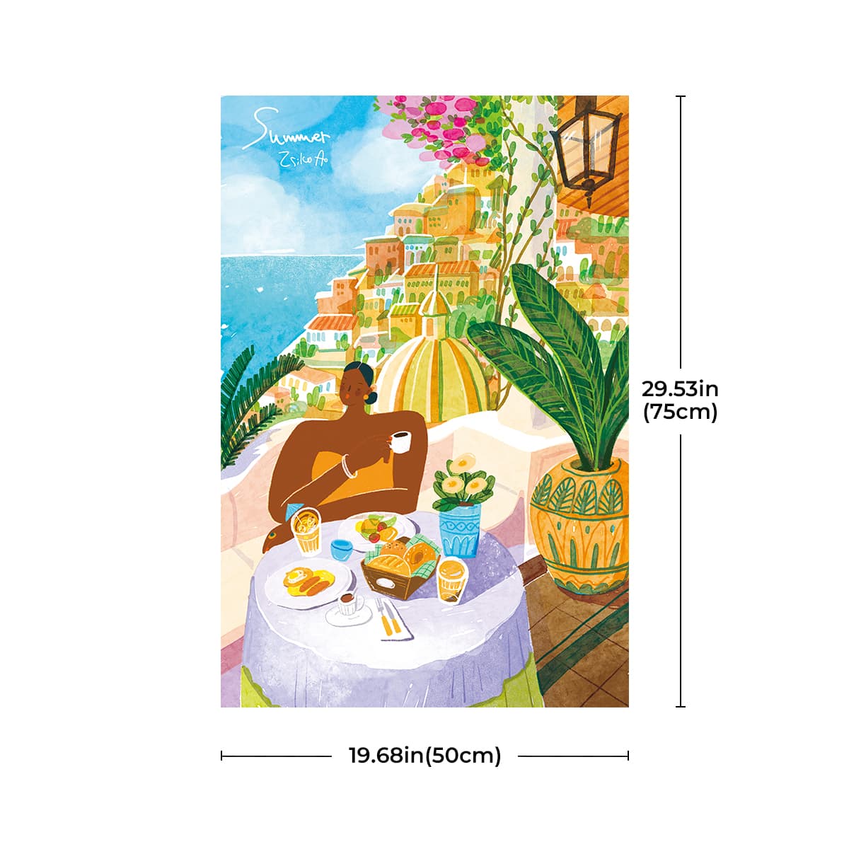 Rolife Amalfi Holiday PT005 puzzle dimension card showing 19.68in wide by 29.53in tall with illustrated coastal terrace scene