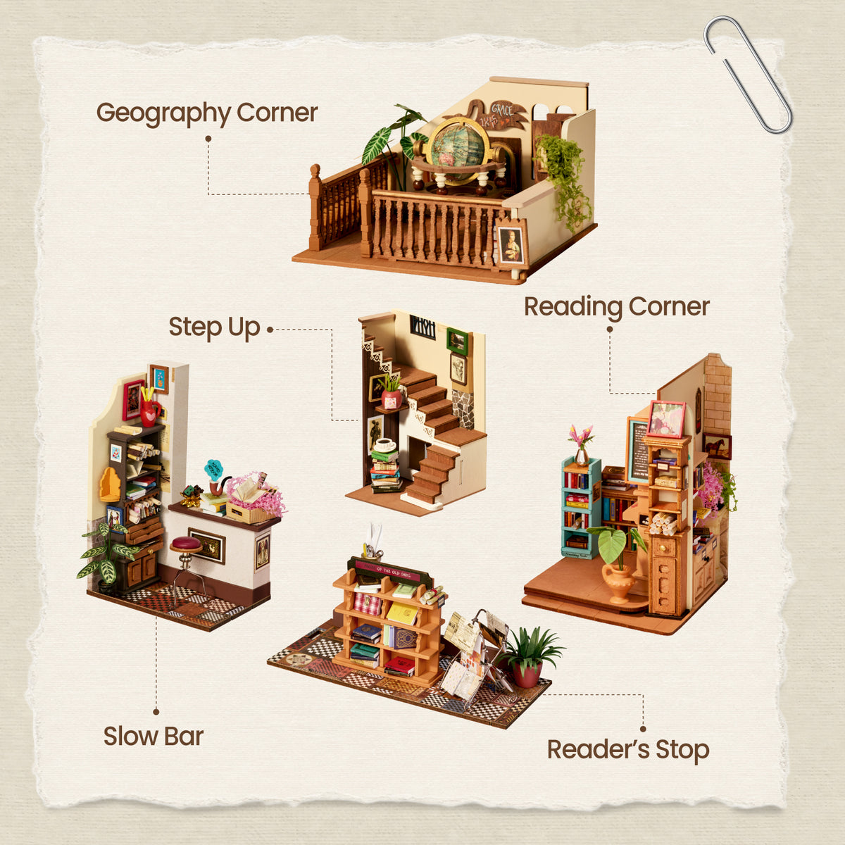 PageStory Books feature card labeling the geography corner, reading area, stairs, slow bar and shop