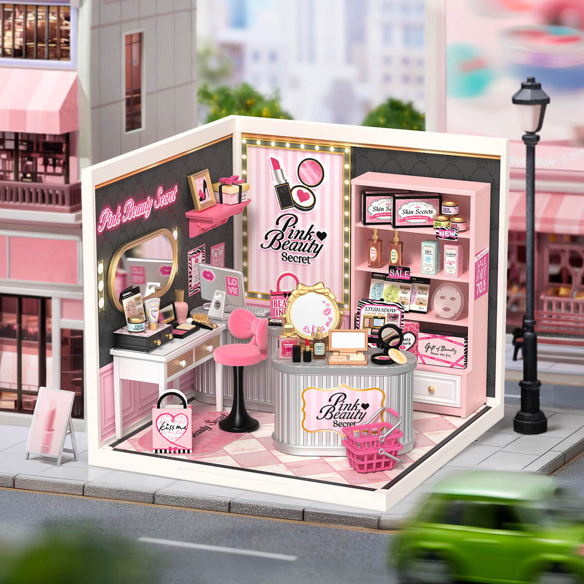Rolife Pink Beauty Secret Miniature House DW026 DIY miniature house kit, angled view showing detail and craftsmanship