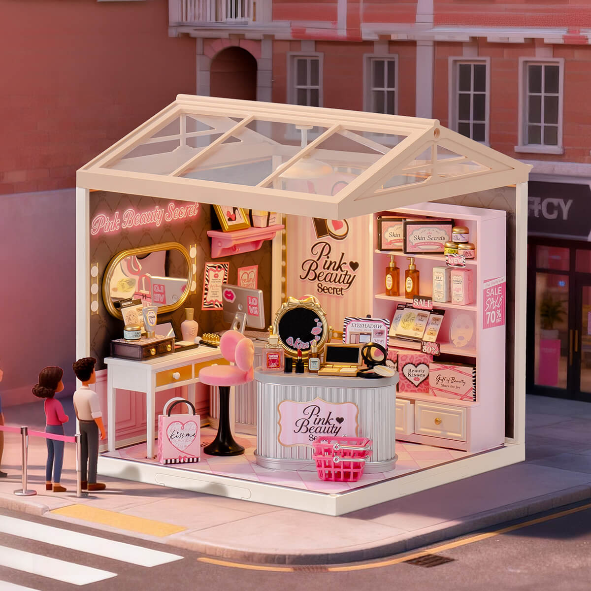 Rolife Pink Beauty Secret Miniature House DW026 DIY miniature house kit, product front view on neutral background