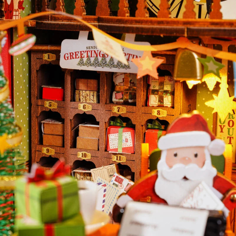 Close-up of the Rolife Polaris Post DG187 numbered gift cabinet with parcels, festive garlands and warm lighting