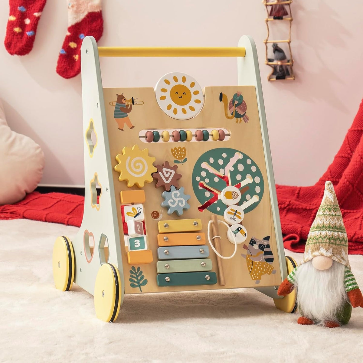 ROBUD wooden kids toy front view on white background showing natural birch finish and colorful accents