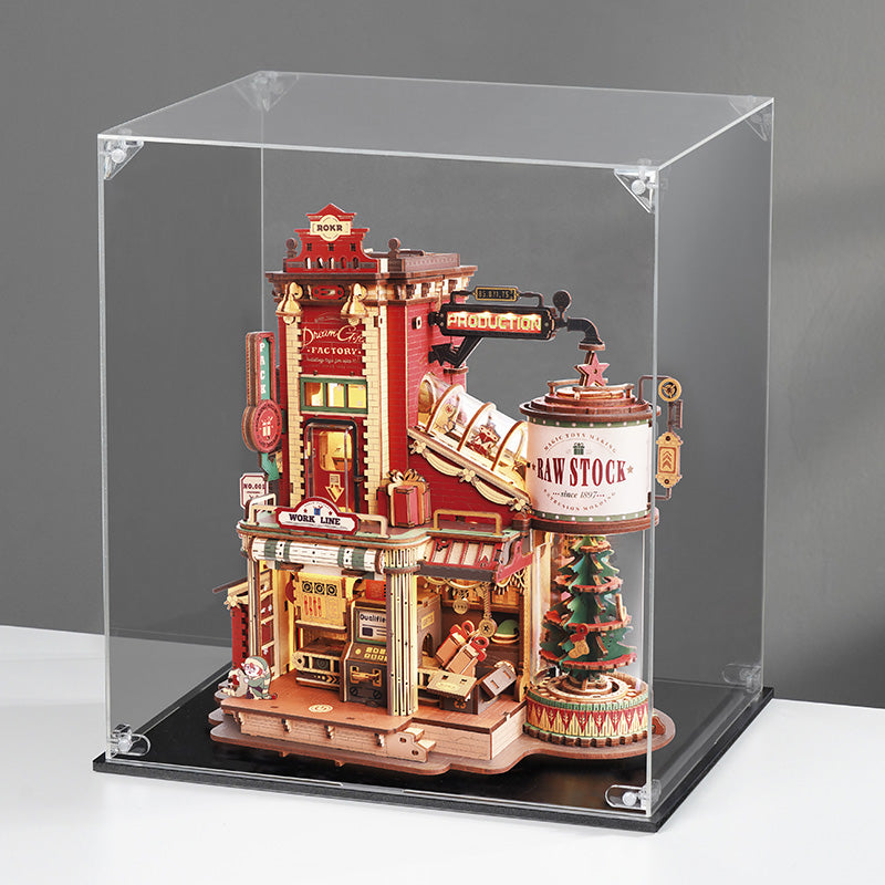 ROKR Display Case Dust Cover for 3D Puzzles RFM04 3D wooden puzzle model, top-down view of layout and arrangement