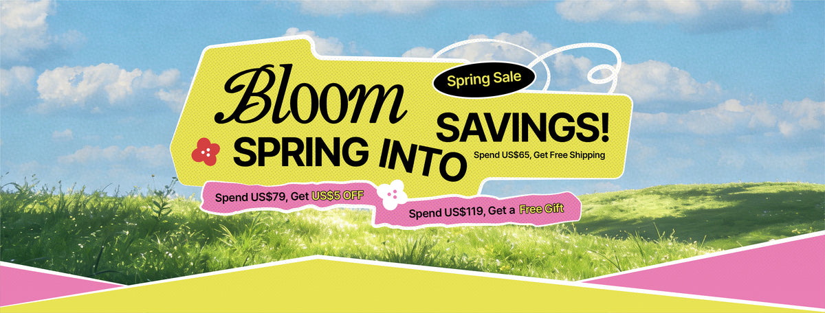 Robotime Spring Sale desktop banner featuring the Bloom Into Spring savings campaign on a sunny green meadow background.