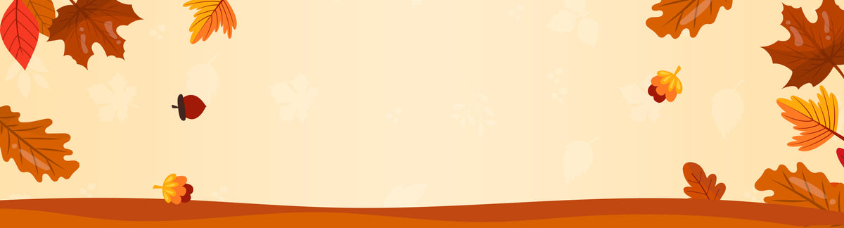 Robotime fall sale desktop banner with wide-format illustrated autumn scene featuring amber maple leaves and acorns on warm cream background