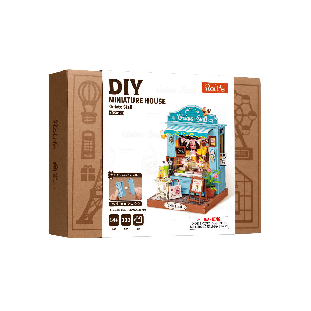 Rolife Gelato Stall Miniature House DS052 DIY miniature house kit, styled lifestyle scene with model assembled