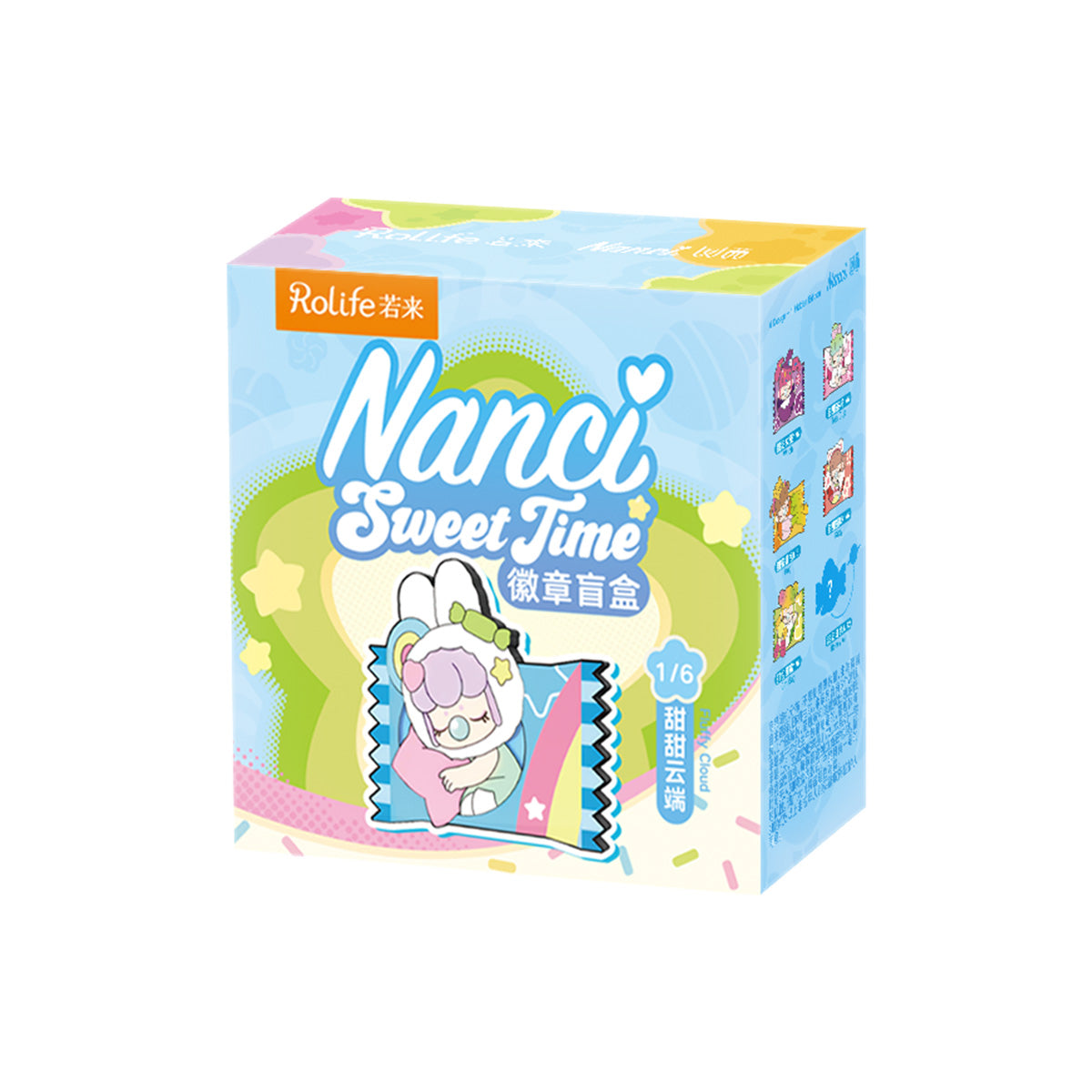 Rolife Nanci Sweet Time Badge blind box individual retail box showing the Fluffy Cloud design on the front with all six pin variants illustrated on the side panel