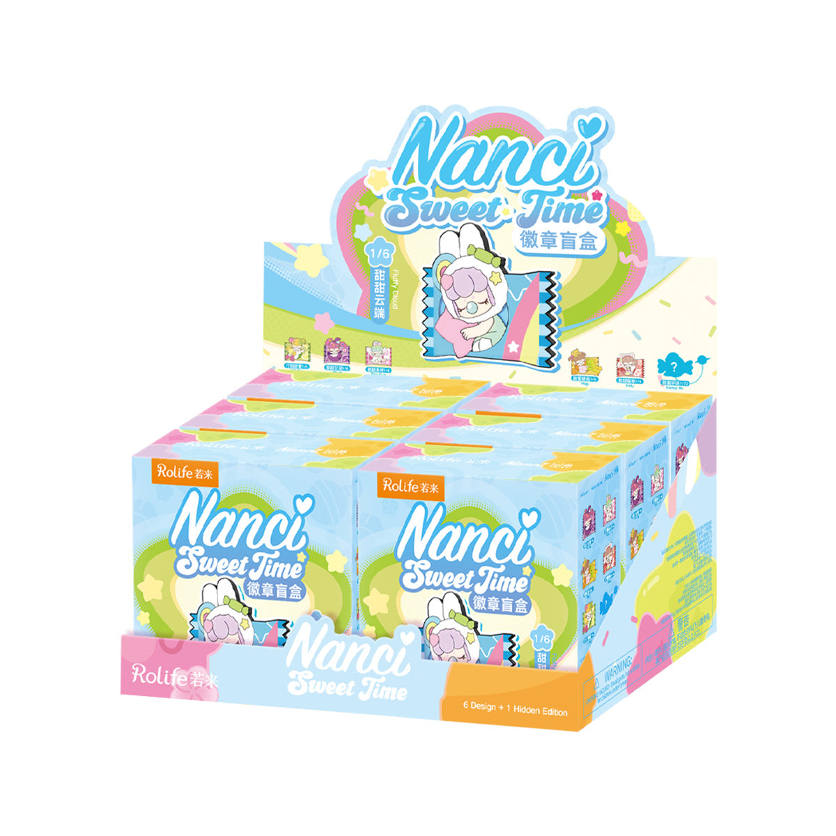 Rolife Nanci Sweet Time Badge blind box full display showing the colorful pastel retail packaging with all six candy-wrapper pin designs visible on a light blue box