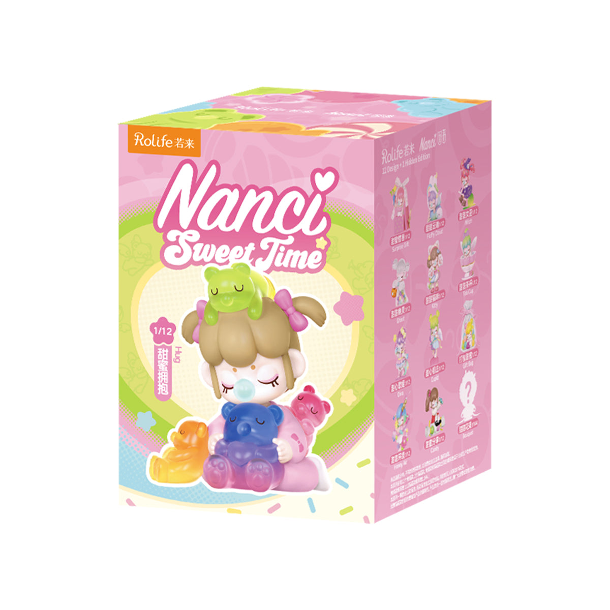 Single Rolife Nanci Sweet Time individual blind box showing the side panel with character lineup grid and the Honey Hug figure design highlighted as 1 of 12