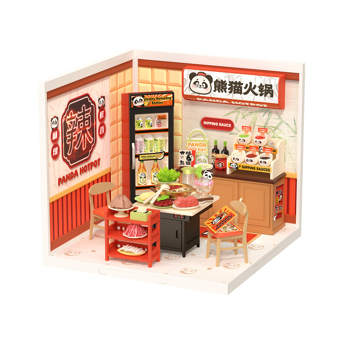 Rolife Panda Hot Pot DW020 Super Creator Series miniature house showing the completed hotpot restaurant interior with panda branding, dipping sauce counter, and hotpot table