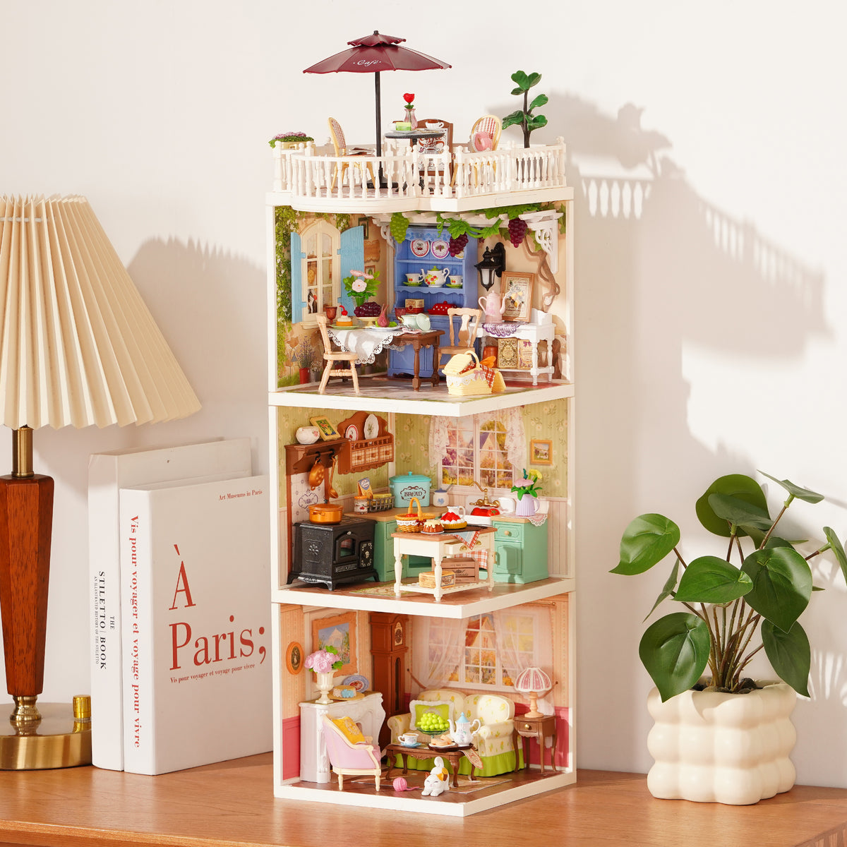 Rolife Romantic Countryside Super Creator 3-in-1 I-shape stacked configuration showing four rooms of countryside lifestyle scenes