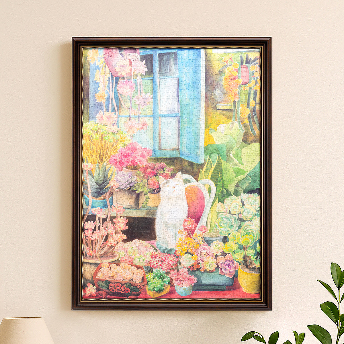 Rowood Cat's Plant Yard 1000 piece jigsaw puzzle PT012 displayed as home decor