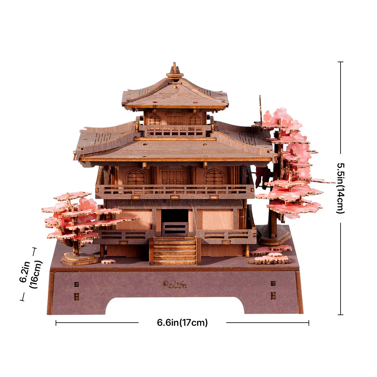 Rolife Sakura Pavilion outline diagram with dimensions 6.9 by 6.7 inches labeled, showing assembled model proportions