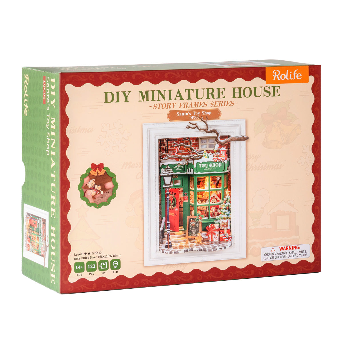 Rolife Santa's Toy Shop 3D Wooden Puzzle DP006 3D wooden puzzle model, styled lifestyle scene with model assembled