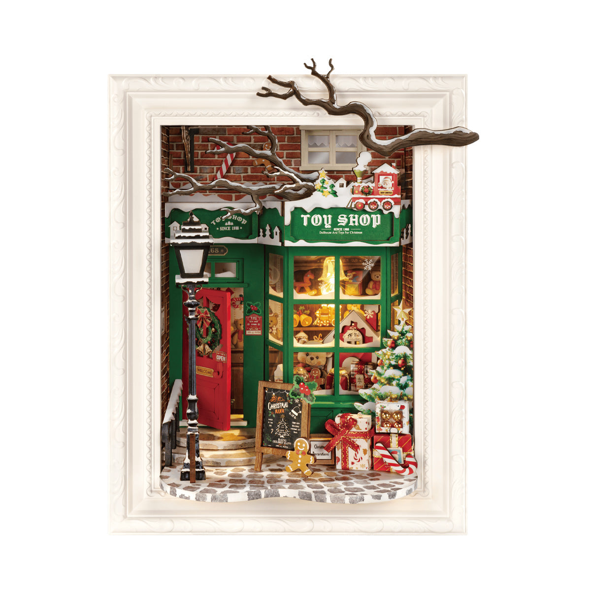 Rolife Santa's Toy Shop 3D Wooden Puzzle DP006 3D wooden puzzle model, product front view on neutral background