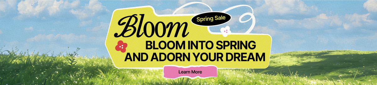 Robotime Spring Sale Collection desktop banner with Bloom Into Spring headline on a sunny meadow background.