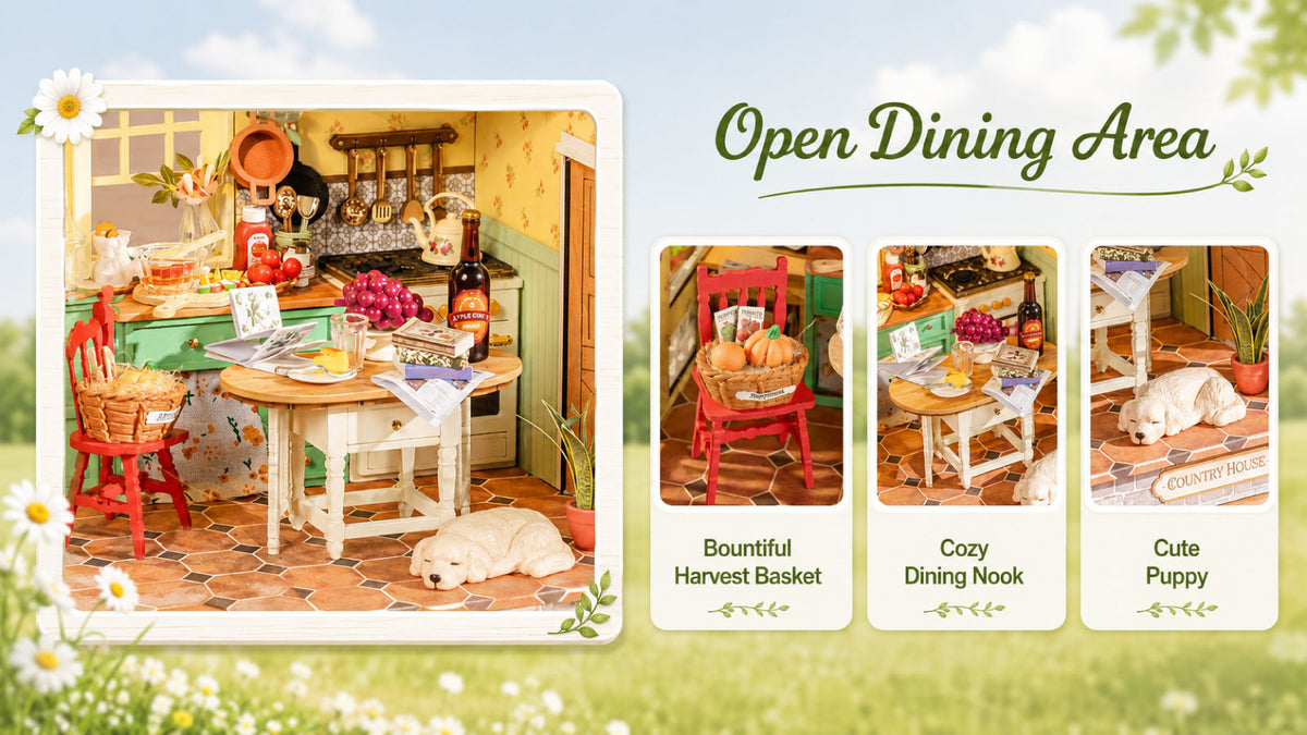 Rolife miniature kitchen dining area feature card with harvest basket, cozy nook and puppy detail insets.