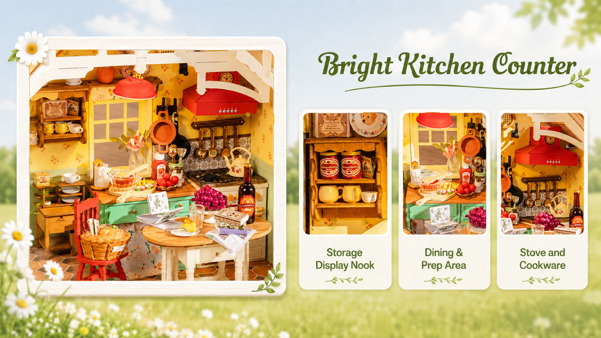 Rolife miniature kitchen counter feature card with storage nook, prep area and stove inset panels.