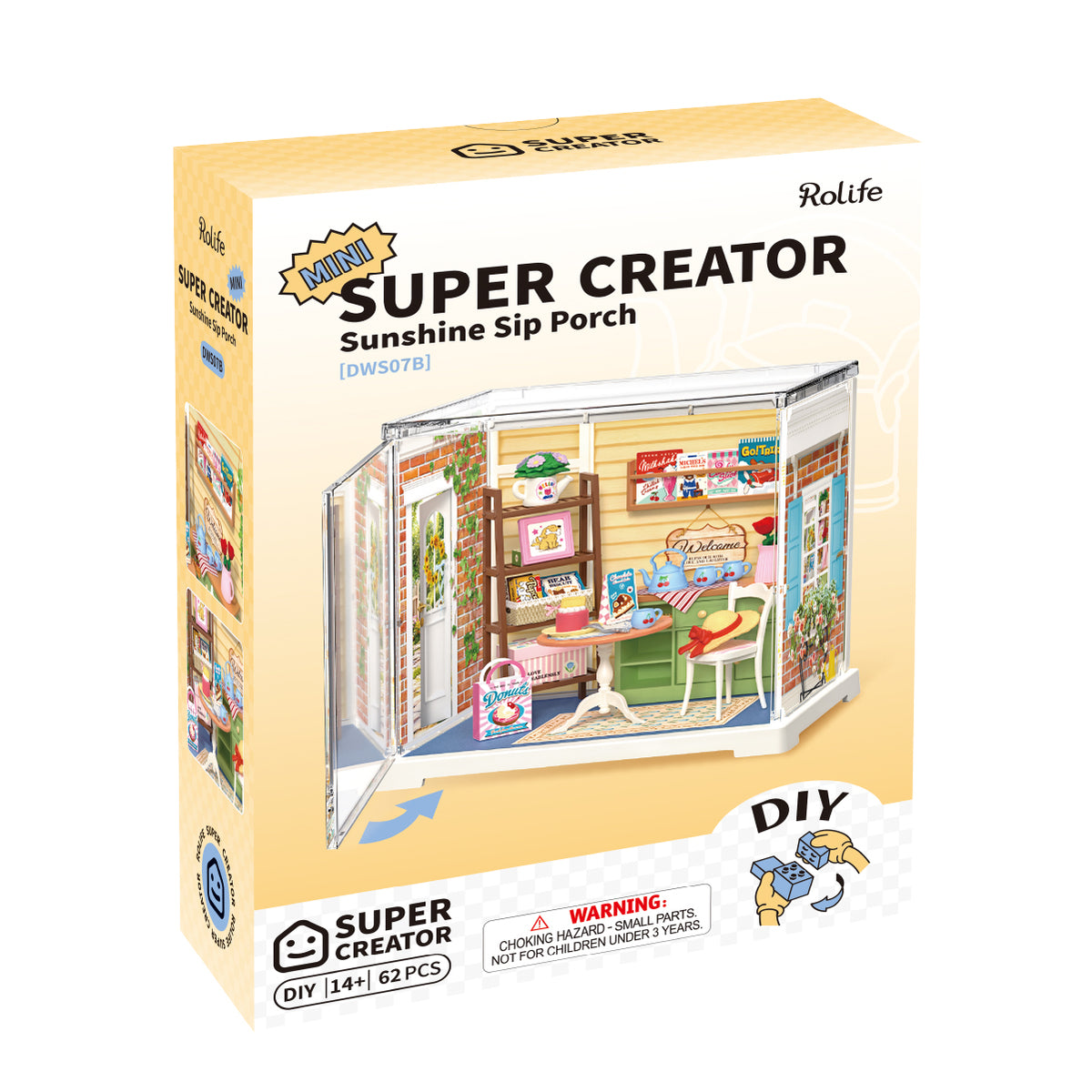 Rolife Sunshine Sip Porch Miniature House DWS07B DIY miniature house kit, styled lifestyle scene with model assembled