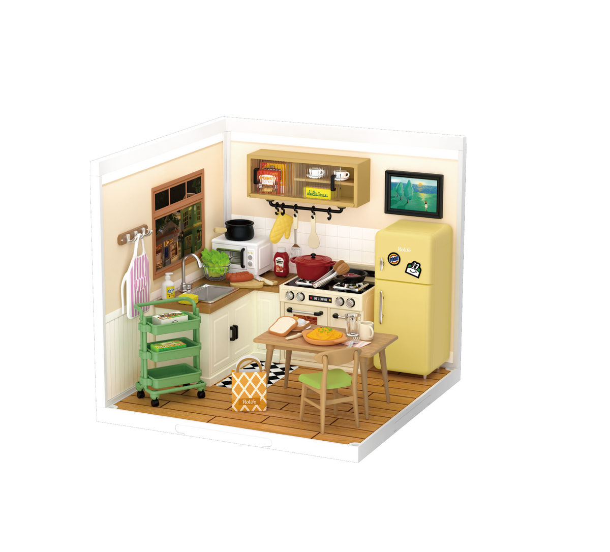 Rolife Super Creator miniature kitchen scene with yellow fridge, green cart and cat beside dining table