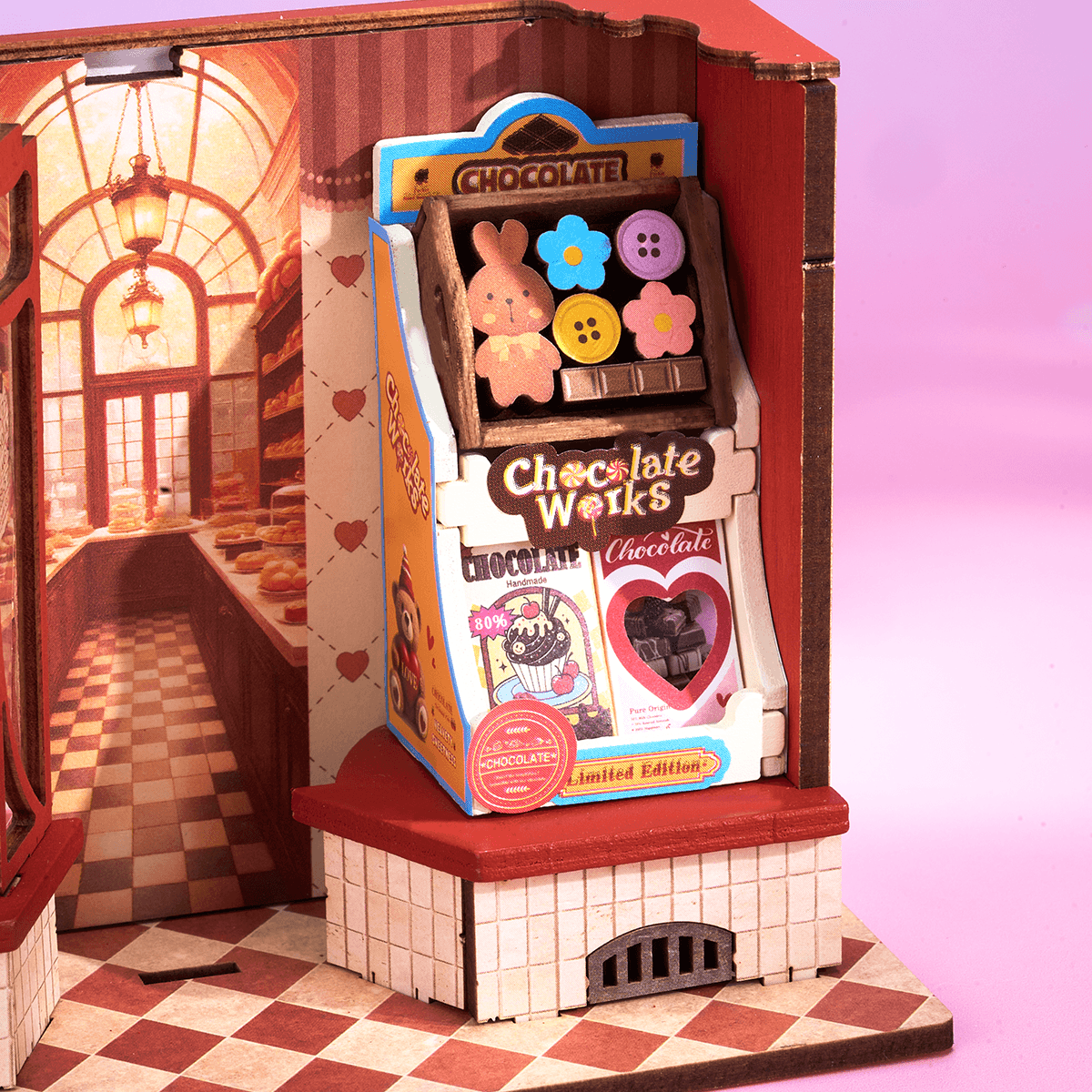 Rolife Sweet Chocolate Shop Miniature House DS046 DIY miniature house kit, top-down view of layout and arrangement