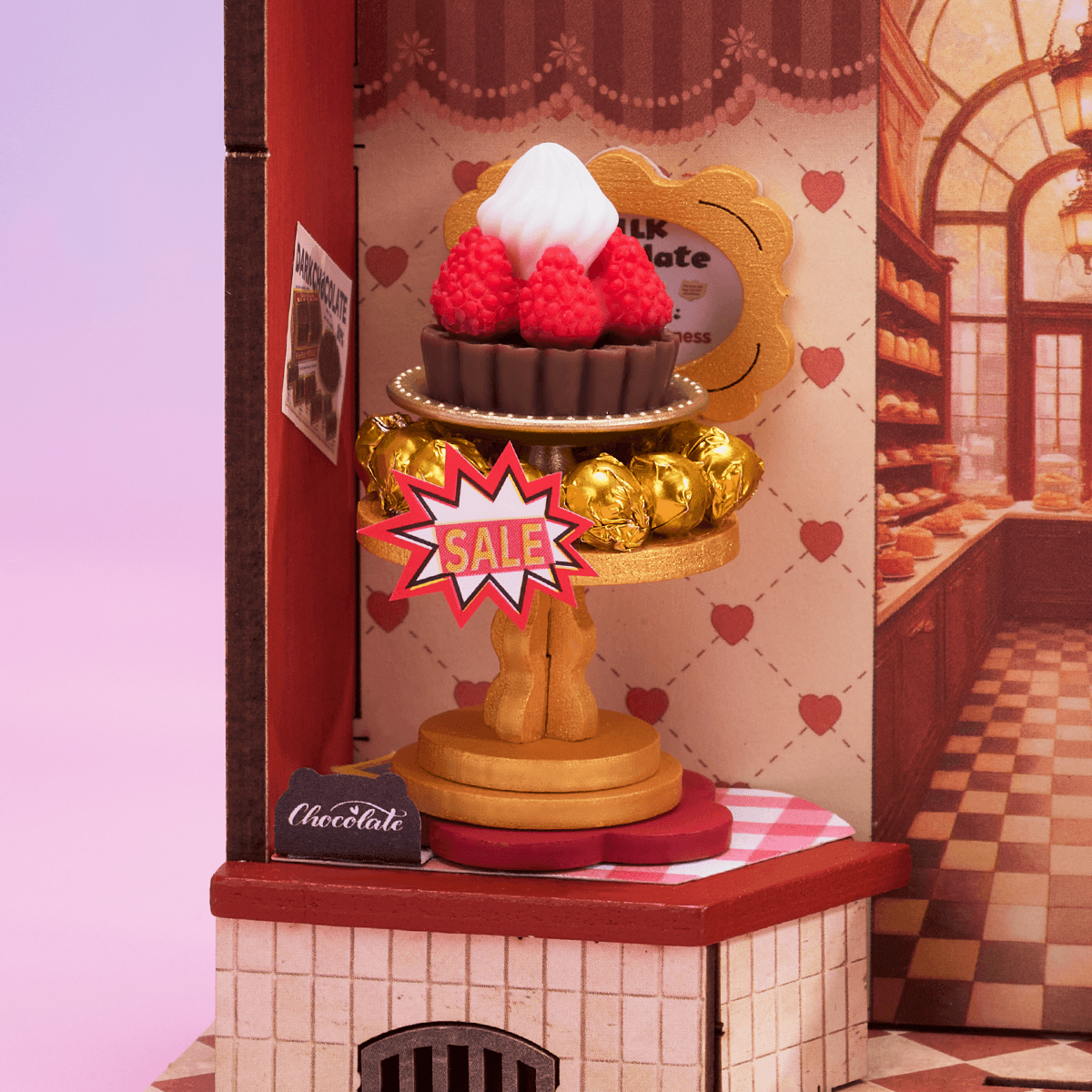 Rolife Sweet Chocolate Shop Miniature House DS046 DIY miniature house kit, detail of decorative elements and finish