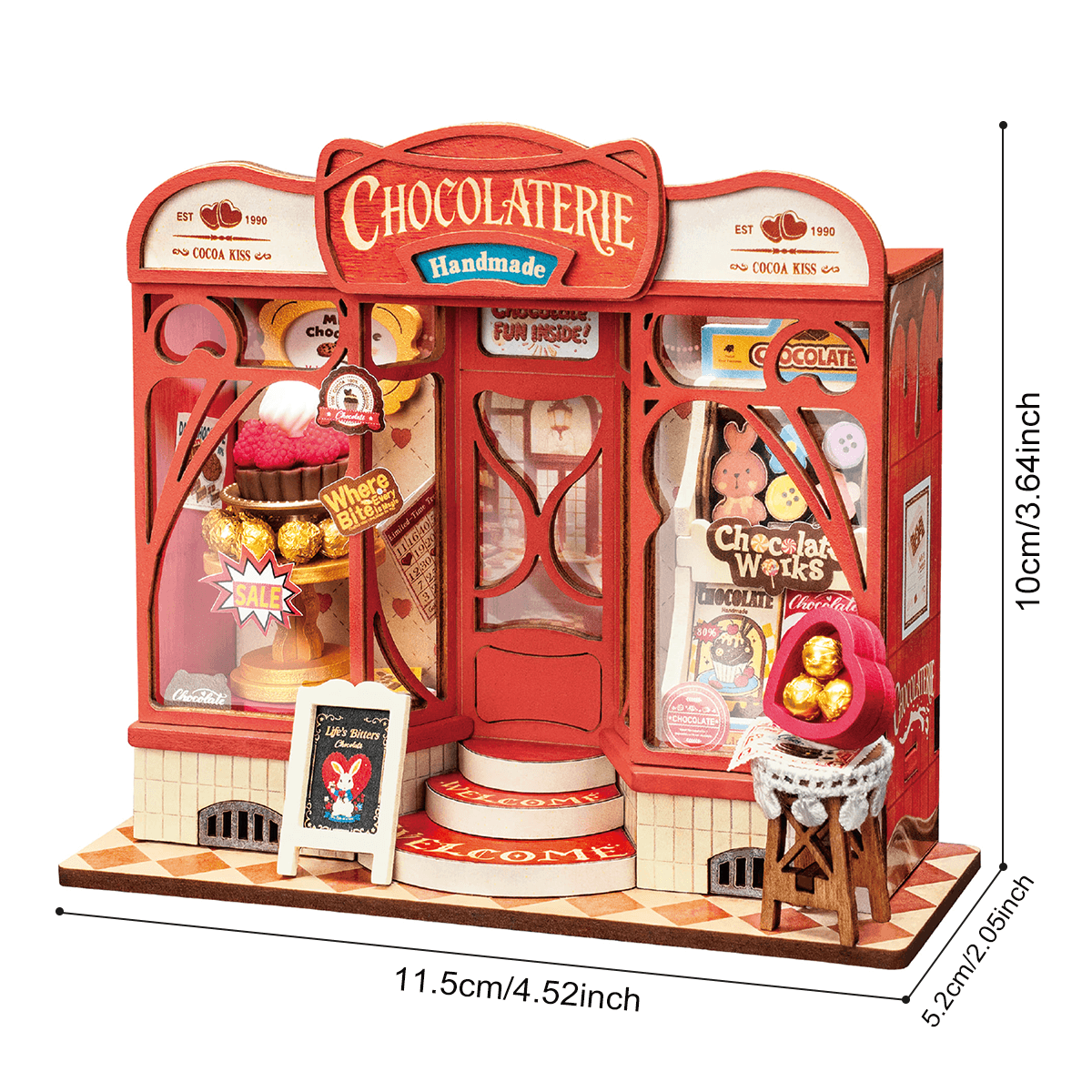 Rolife Sweet Chocolate Shop Miniature House DS046 DIY miniature house kit, styled lifestyle scene with model assembled