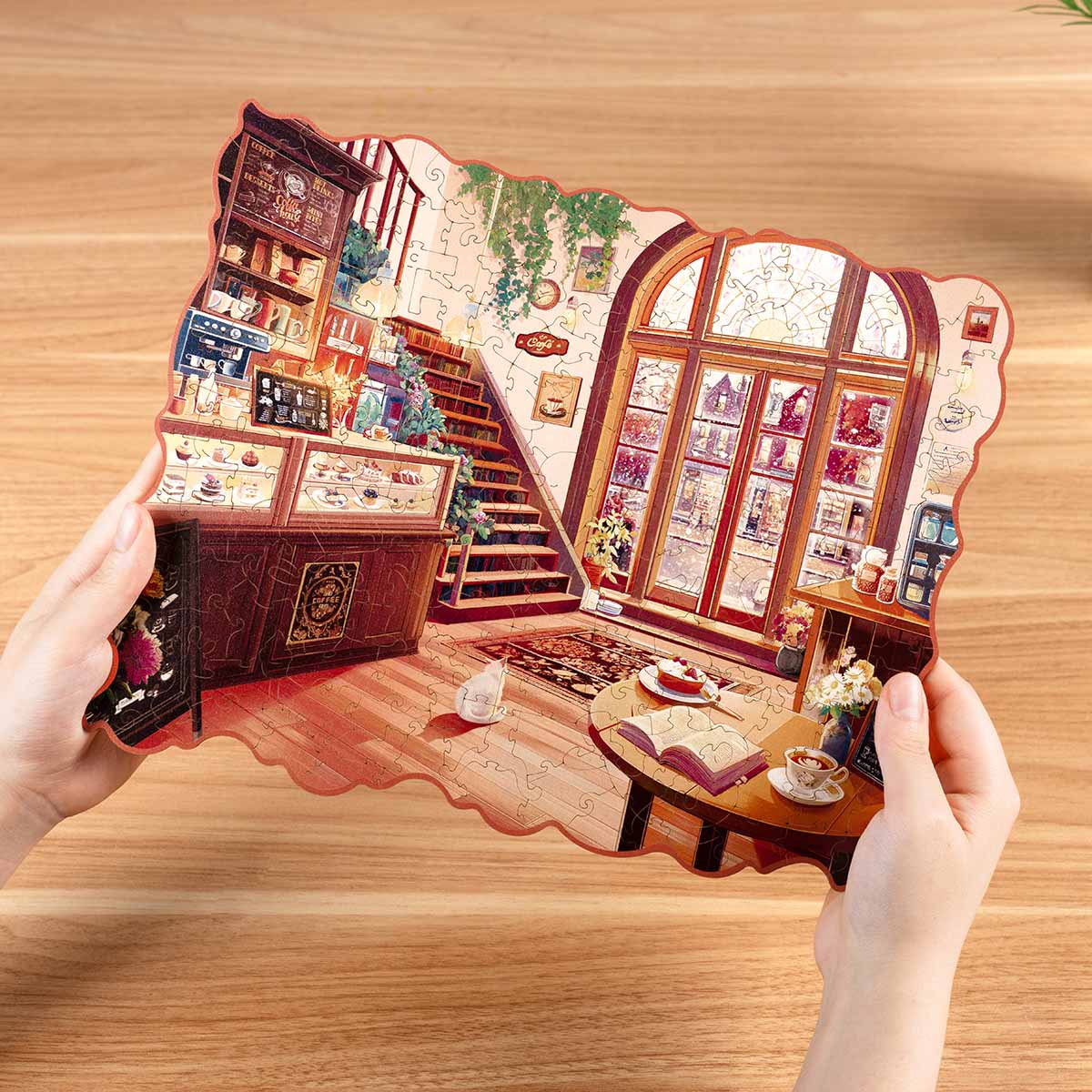 Rowood Cozy Winter Café Wooden Jigsaw Puzzle, wooden jigsaw puzzle, close-up detail (TA006)