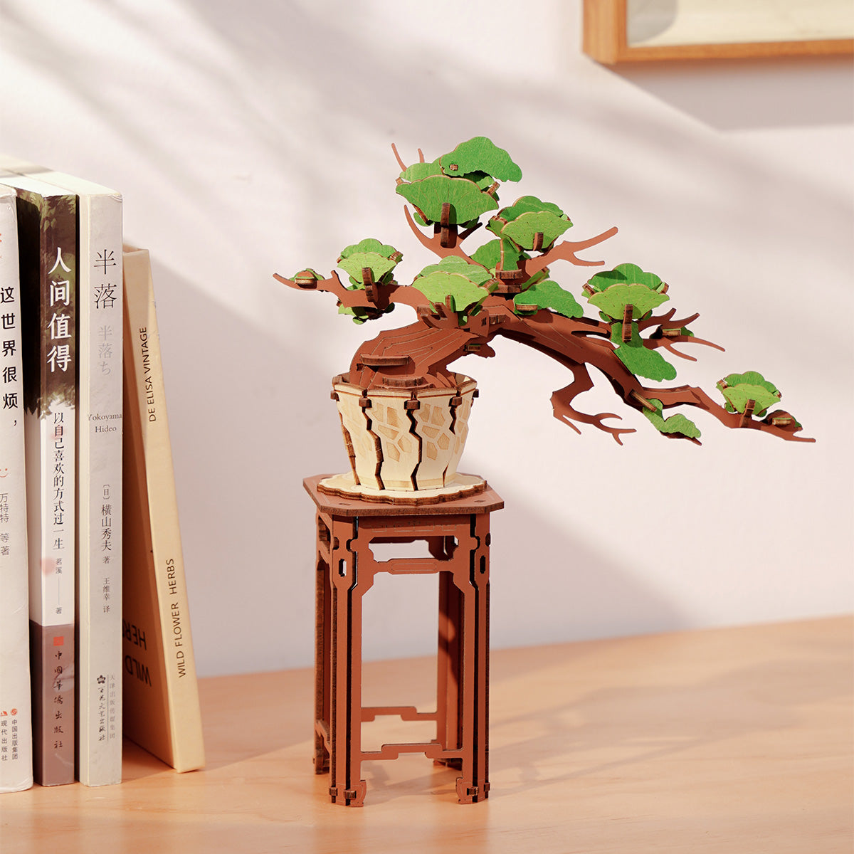 Rolife Evergreen Pine Bonsai TG510 on wooden pedestal beside stacked books on a light wooden shelf