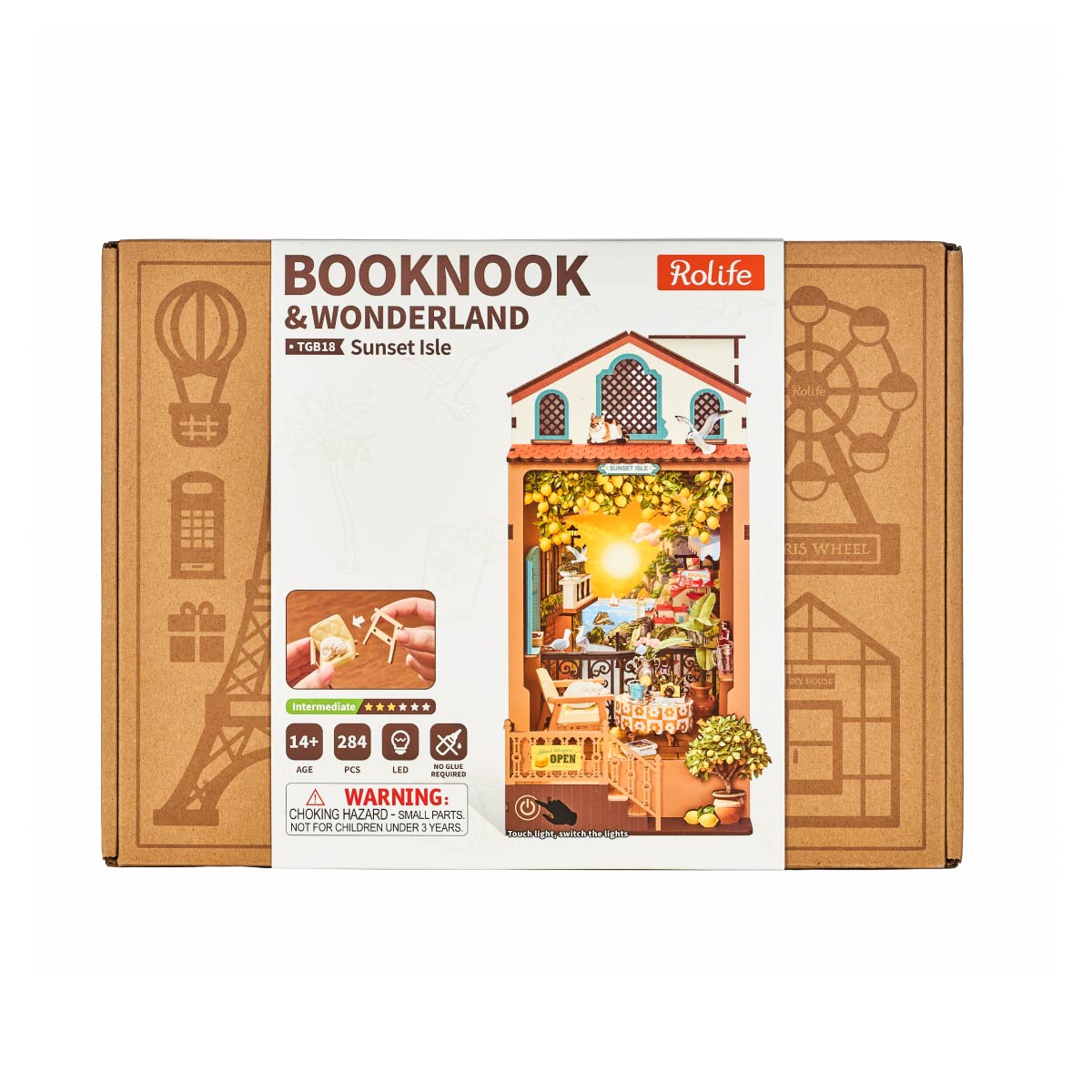 ROKR Booknook Wonderland kit retail box laying flat showing product title, colorful scene artwork, and safety warning label on white background