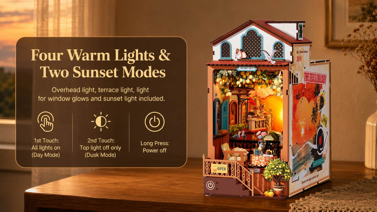 Rolife book nook feature banner highlighting four warm LED lights and two sunset modes with a glowing miniature bookshop insert scene