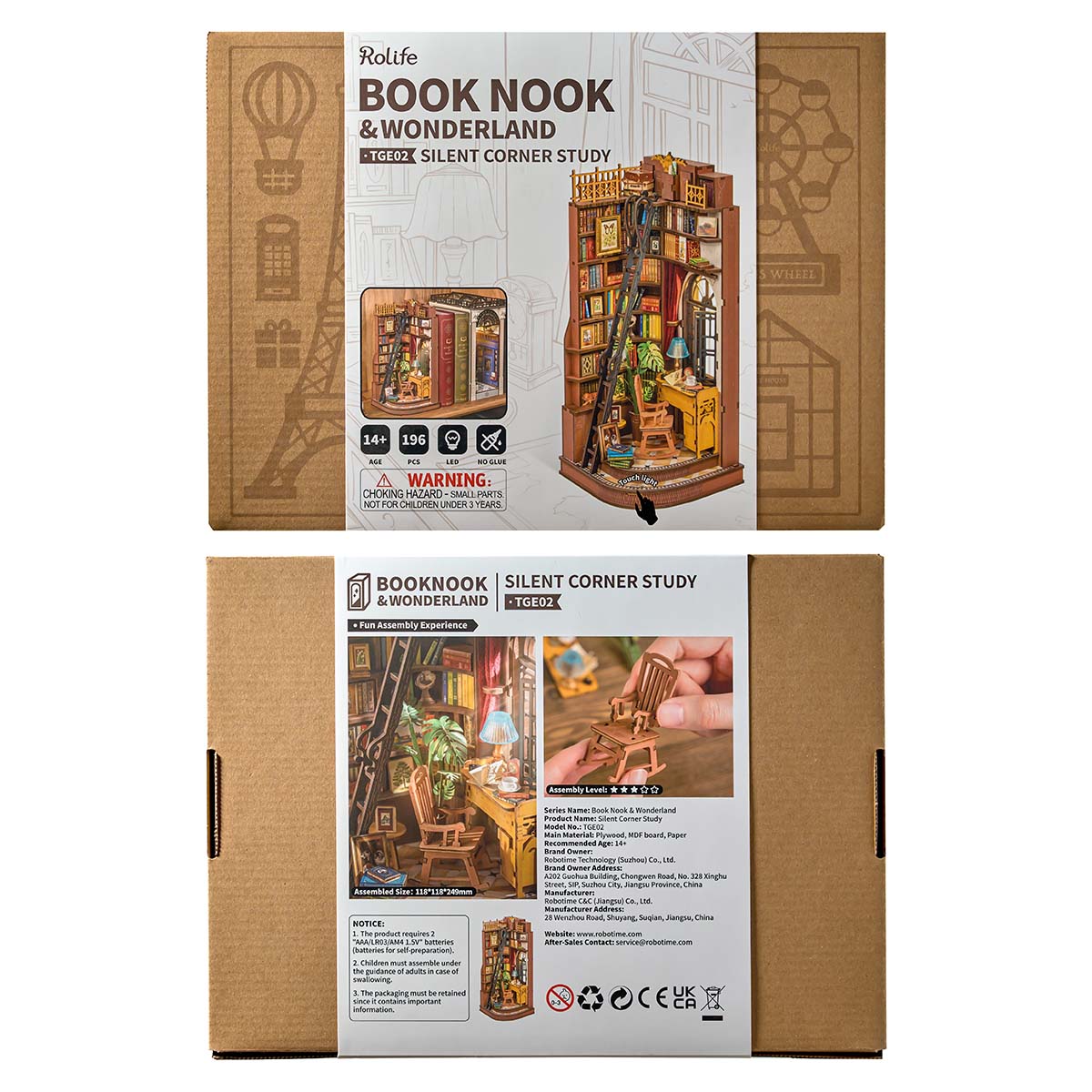 Rolife Silent Corner Study DIY Book Nook TGE02, 3D wooden book nook puzzle diorama, packaging overview