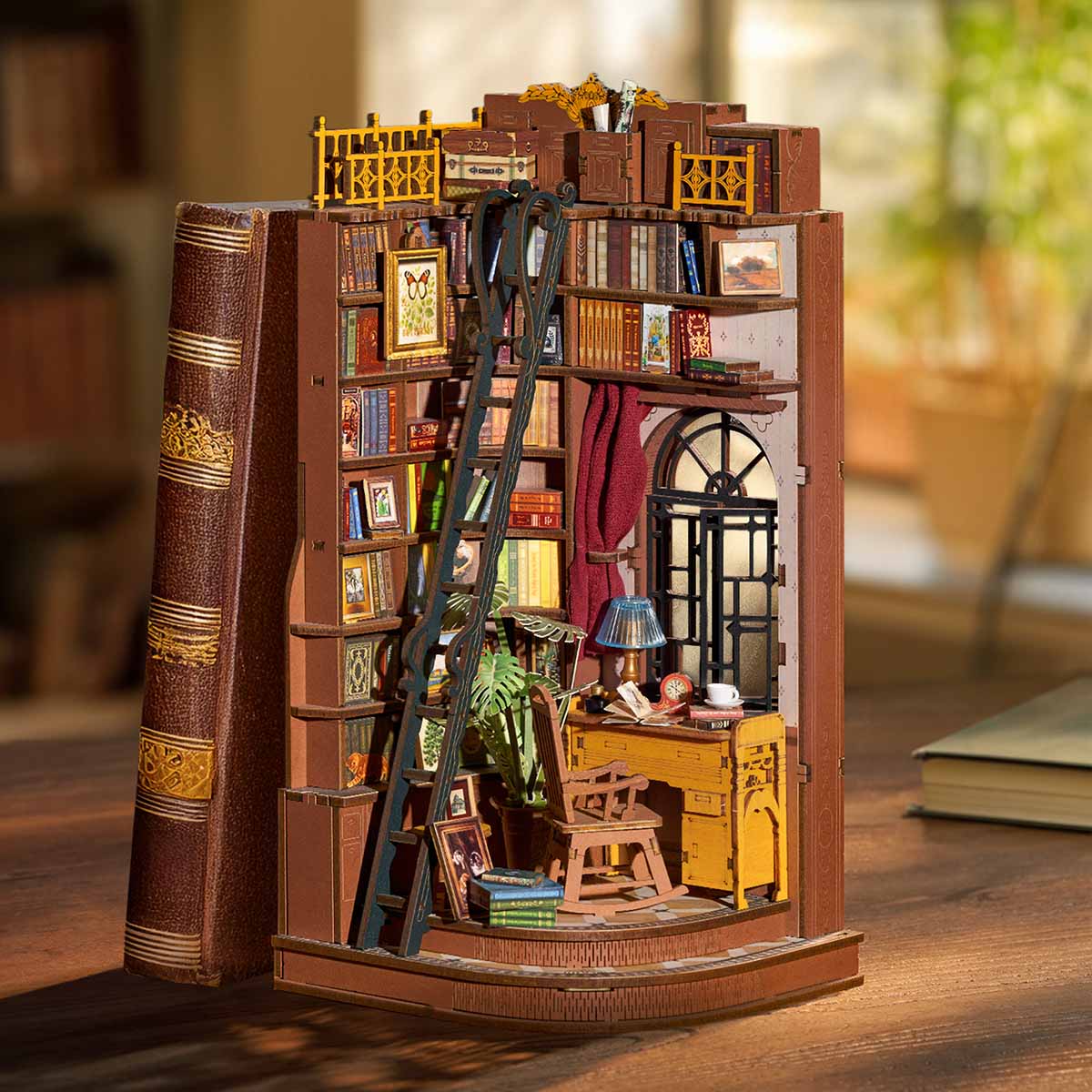 Rolife Silent Corner Study DIY Book Nook TGE02, 3D wooden book nook puzzle diorama, lifestyle scene