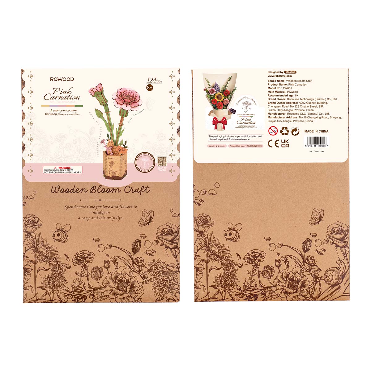 Rowood Pink Carnation DIY Wooden Flower 3D Puzzle TW051, 3D wooden DIY flower puzzle, styled photo