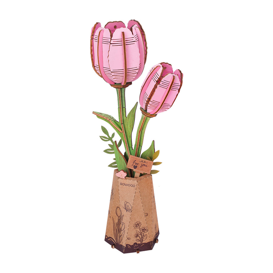 Rowood Pink Tulip DIY Flower 3D Wooden Puzzle TW082, 3D wooden DIY flower puzzle, front product view