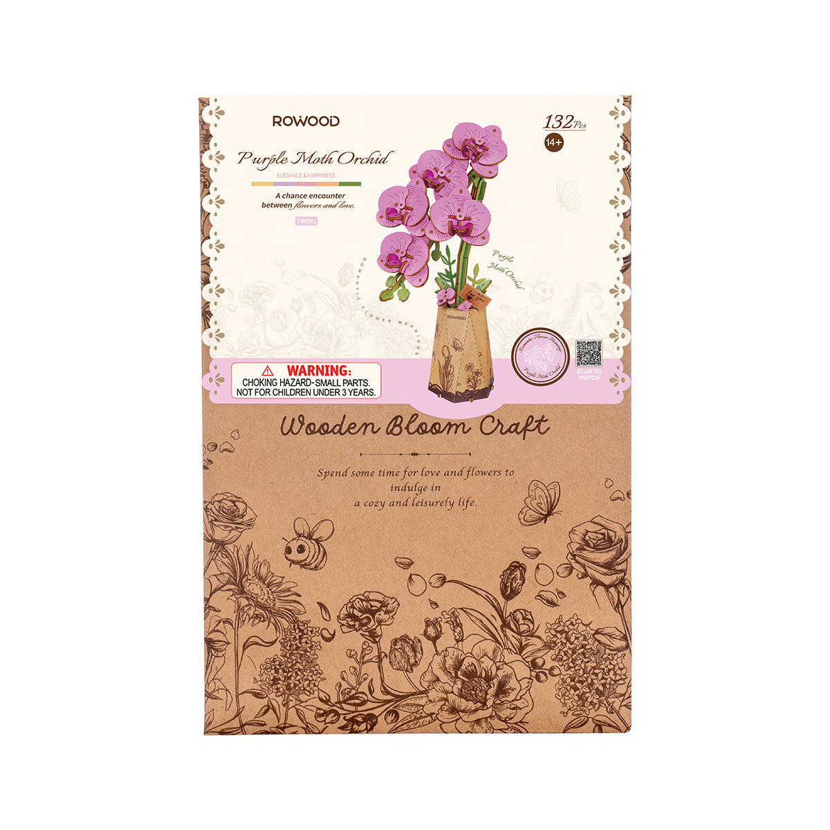 Rowood Purple Moth Orchid DIY Flower 3D Wooden Puzzle TW091, 3D wooden DIY flower puzzle, side view