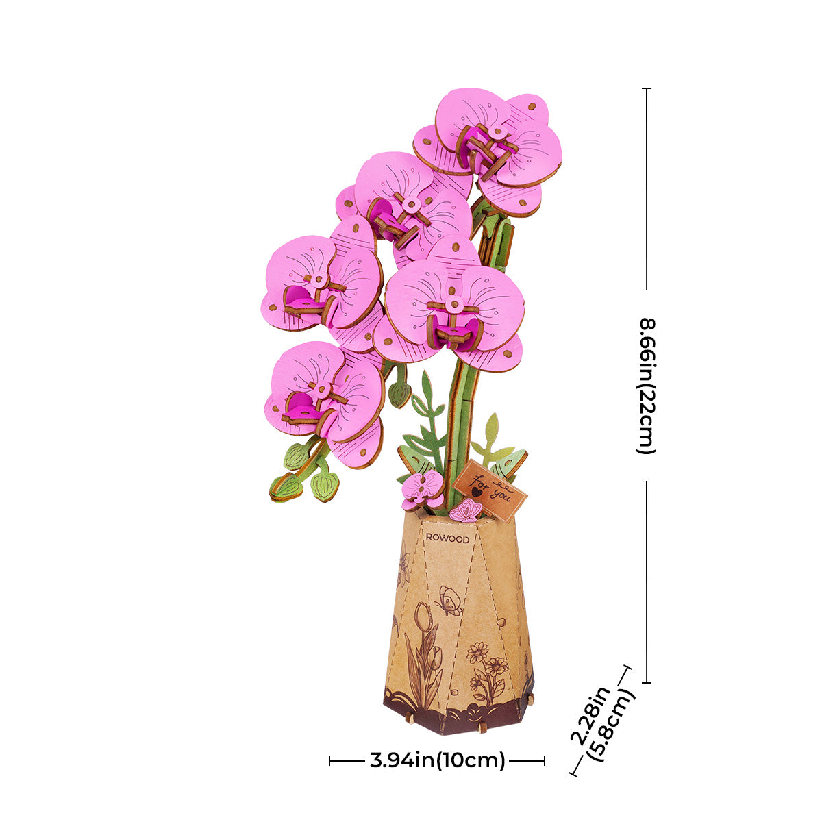 Rowood Purple Moth Orchid DIY Flower 3D Wooden Puzzle TW091, 3D wooden DIY flower puzzle, top-down view