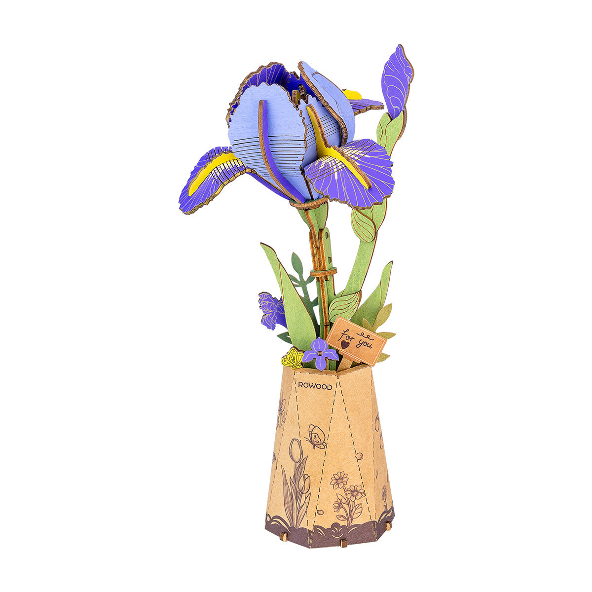 Rowood Purple Iris Wooden Flower 3D Puzzle TW121 3D wooden flower puzzle, product front view on neutral background