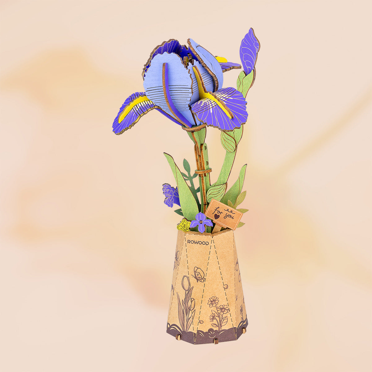 Rowood Purple Iris DIY wooden flower kit TW121 showing the completed iris bloom with textured cone vase from the side