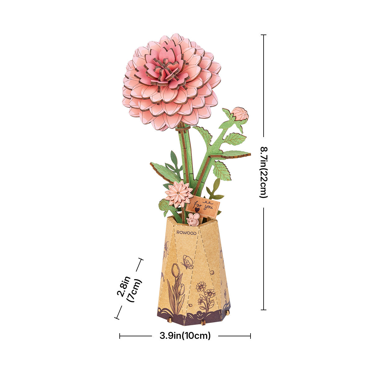Rowood Pink Dahlia Wooden Flower 3D Puzzle TW131 3D wooden flower puzzle, close-up of interior components and accessories