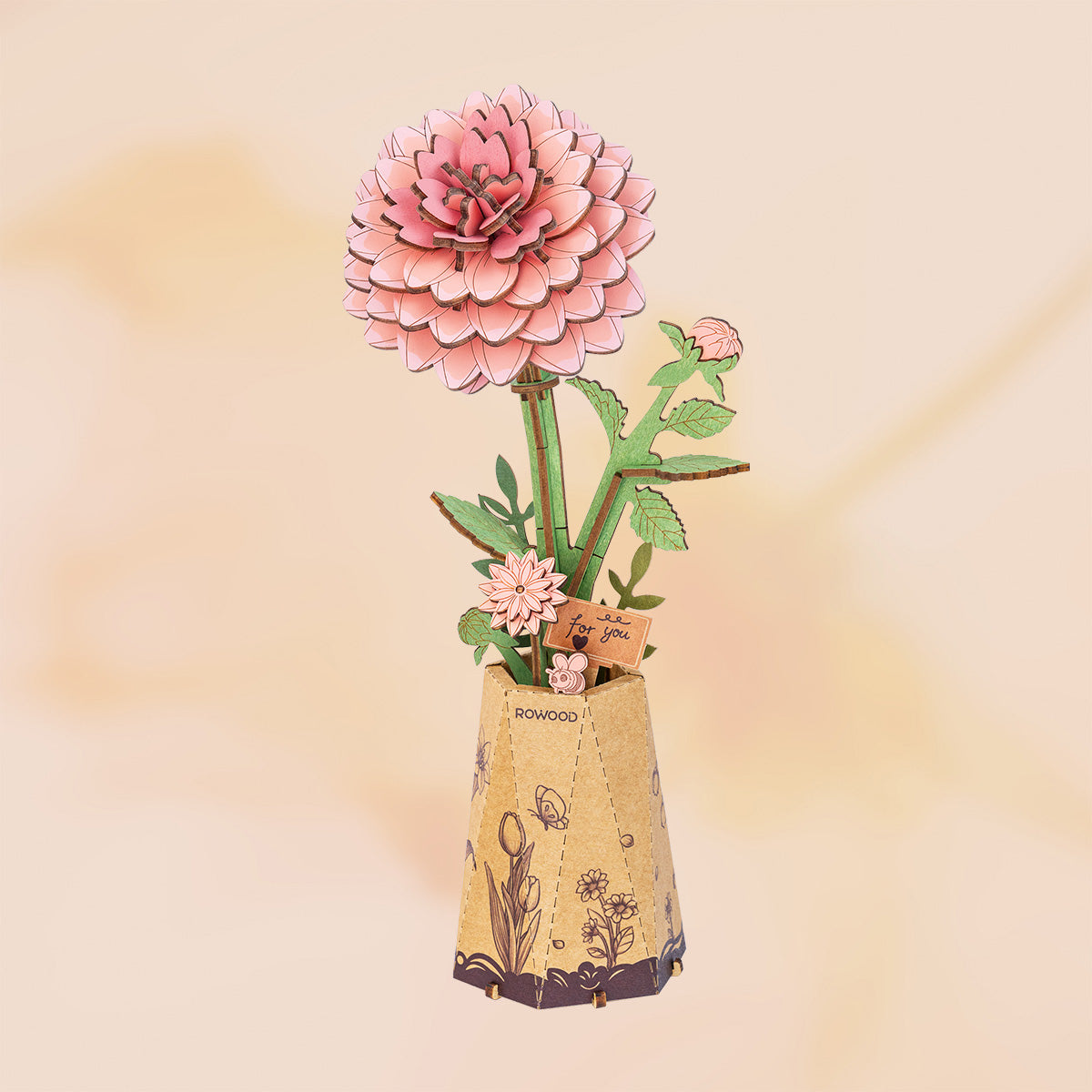 Rowood Pink Dahlia DIY wooden flower kit TW131 showing the completed bloom with natural wood cone vase at an angle