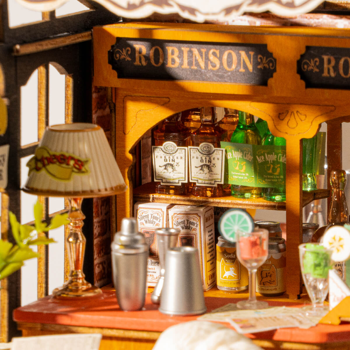 Rolife Tipsy Cat Bar Miniature House DS054 DIY miniature house kit, close-up of interior components and accessories